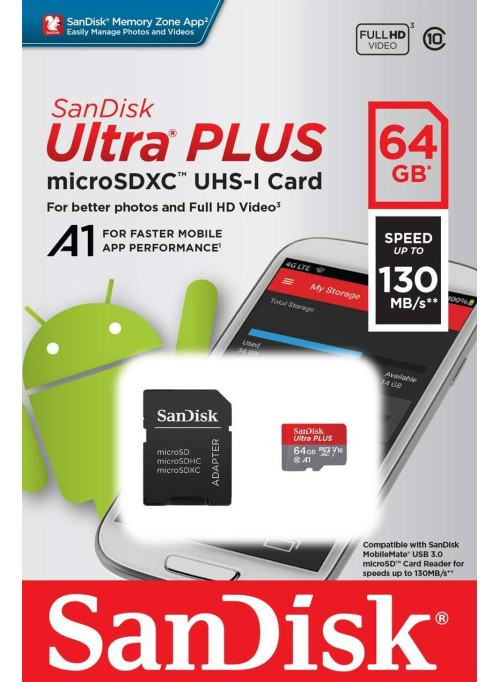 Карта памяти MicroSD SanDisk 64GB Ultra PLUS UHS-I (SDSQUB3-064G-GN6MA)